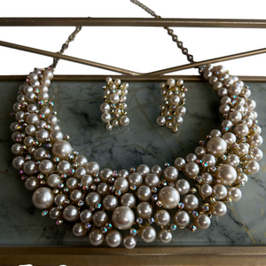 Women’s Pearl Bead Cluster Collar Necklace Earrings Set Ivory Vintage Crystals
